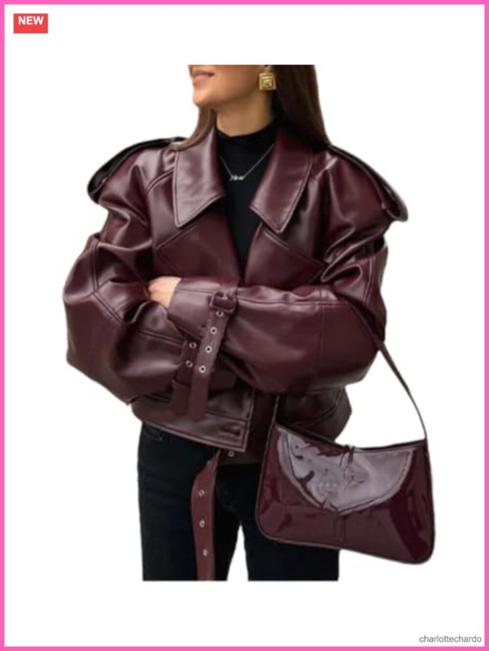 Faux Leather Moto Biker Jacket Oversized Retro Collar Long Sleeve Coat
